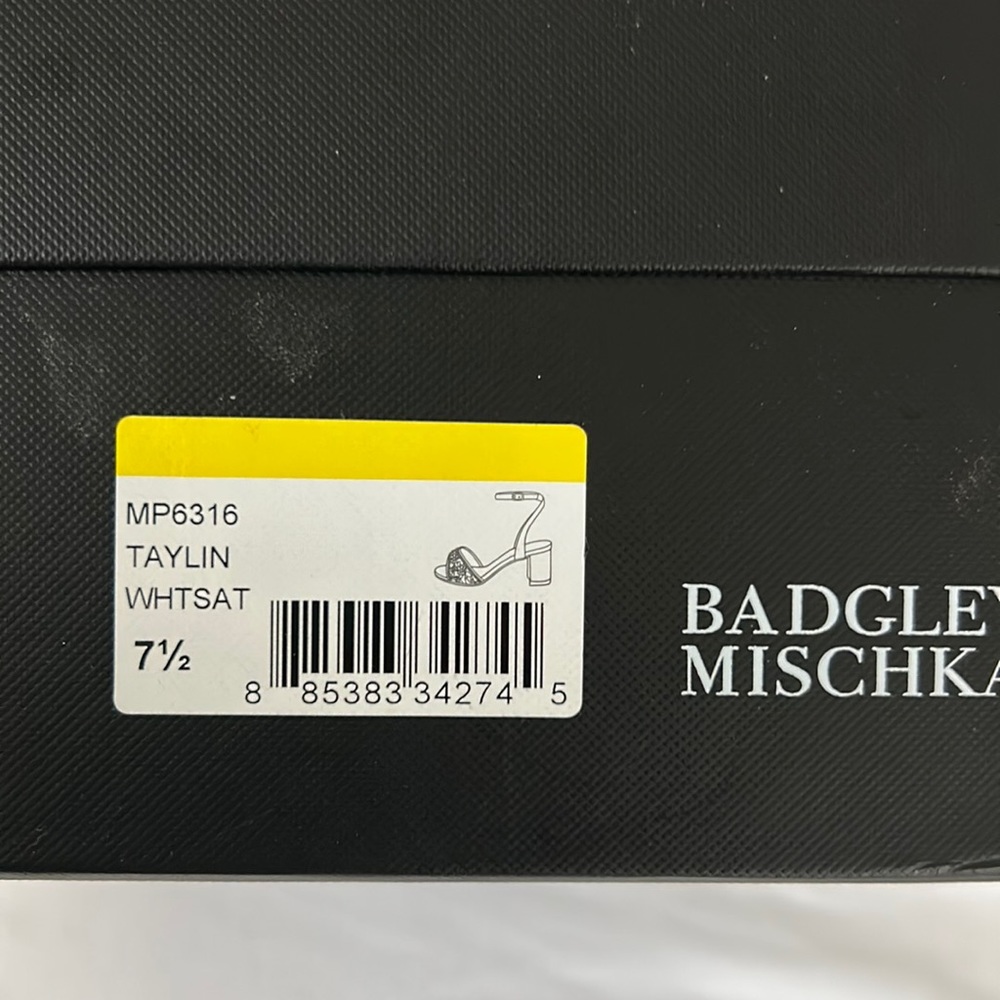 Badgley Mishka white satin bridal shoes
